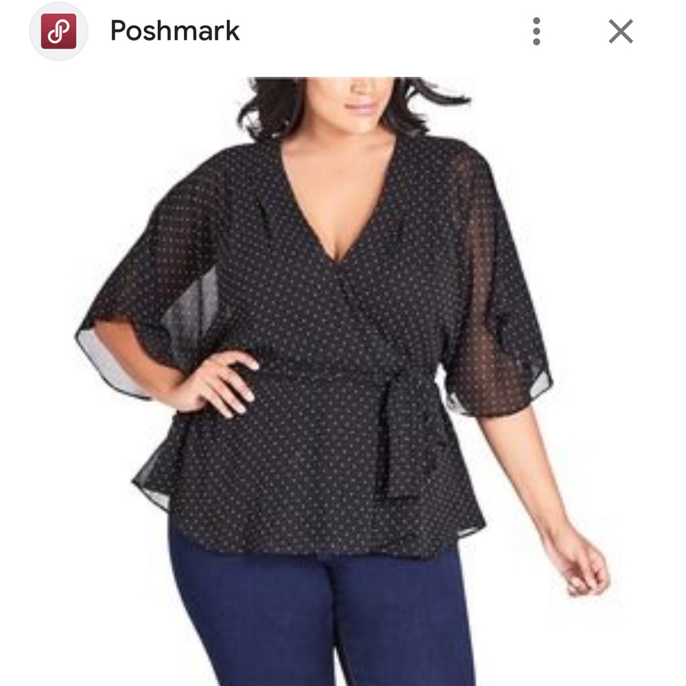 City Chic black and white polka dot wrap blouse.